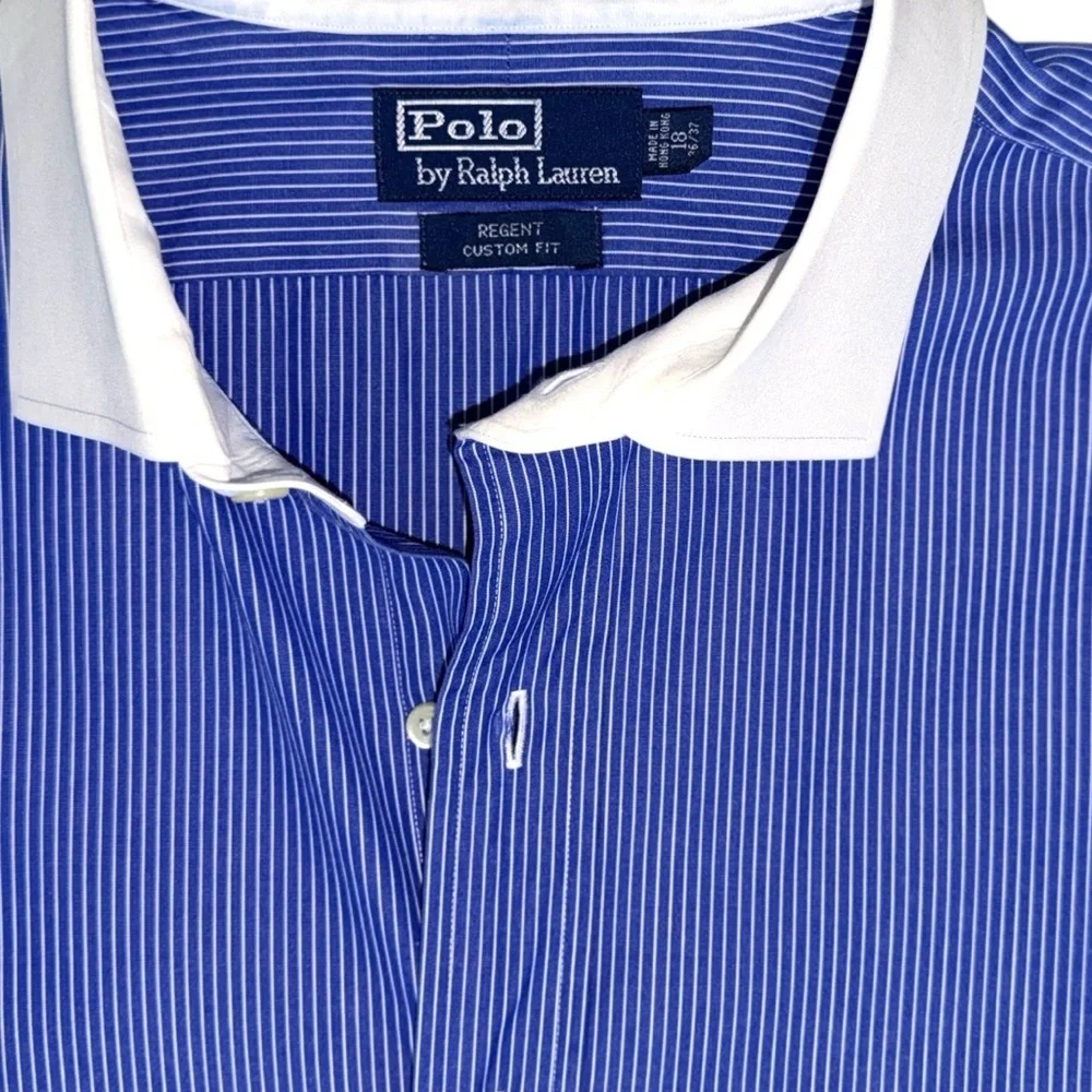 Polo Ralph Lauren Regent Custom Fit Blue Pinstripe Dress Shirt Large 18 - 36/37